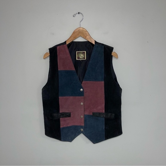 Learsi Leather Vest Men's Size Medium Red Blue Black Vintage Patchwork Lined - Picture 2 of 6